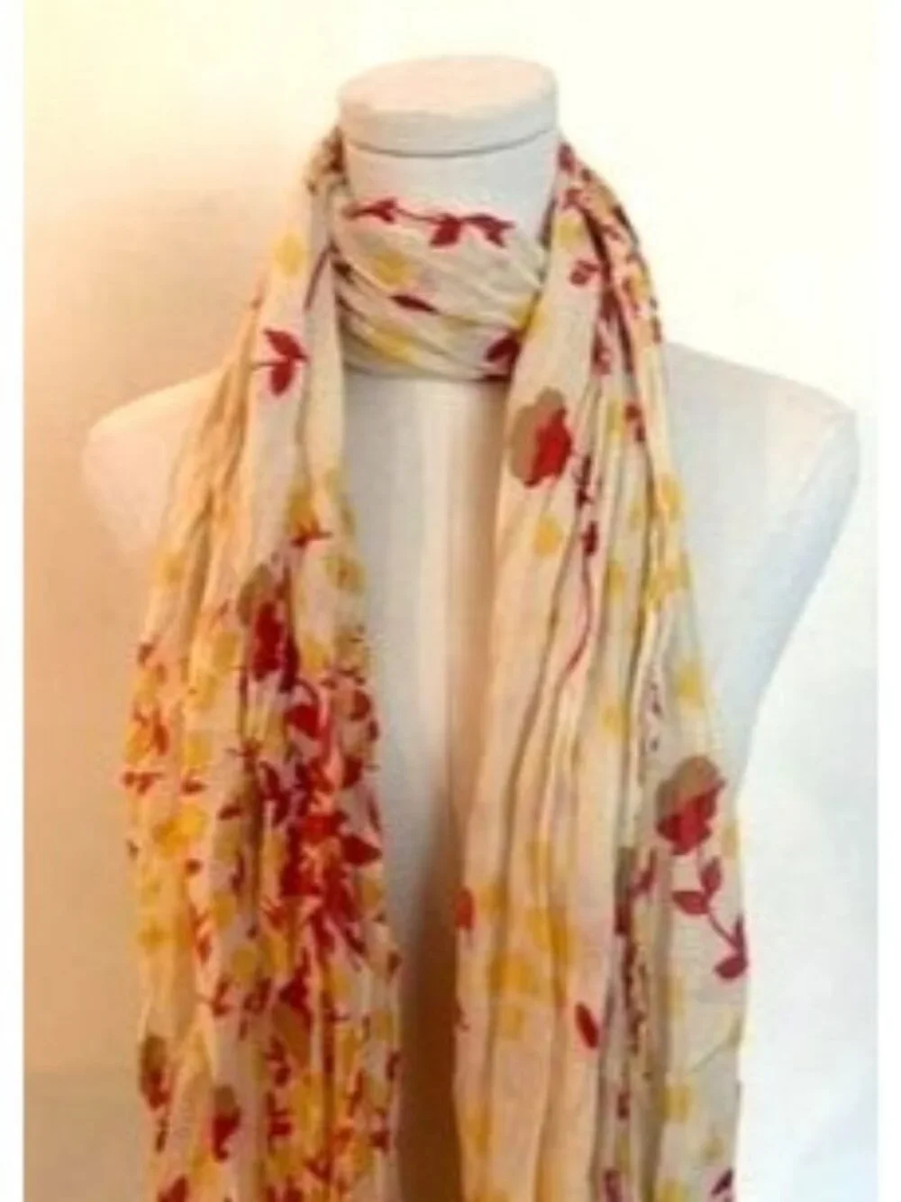 Floral Yellow & Red Lightweight Scarf Wrap Fringe Crinkle Cottage Bloom Beach